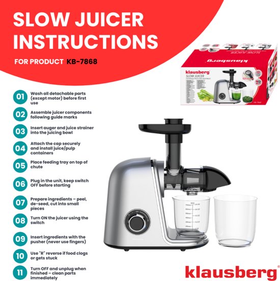 Klausberg KB-7868 Slow Juicer - 150W - Cold Press - Groenten en Fruitpers - Met Pulpreservoir - Grijs - Stille Horizontale Juicer met 7-Traps Perssysteem van Klausberg — afbeelding 2
