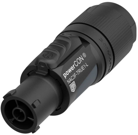 Zwarte powerCON NAC3F-TRUE1-L vrouwelijke connector met grijs detail en logo's.