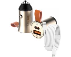 Auto Oplader - USB C naar Geschikt voor: Lightning Kabel (1.5M) wit & Auto Stekker - USB A & C Snel Lader 30W - PD20W/QC3.0 Autolader