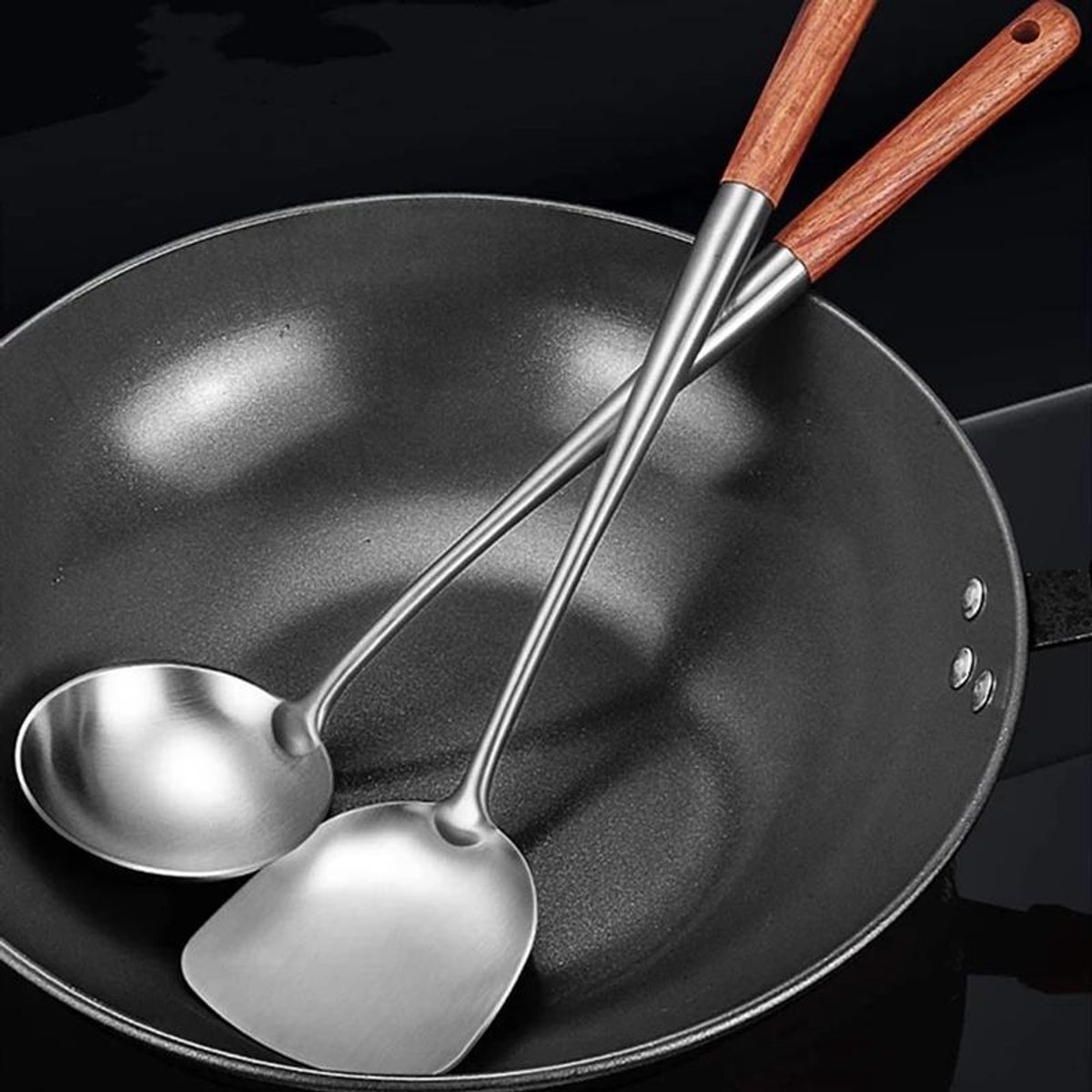 Chinese wokspatel, 304 roestvrijstalen spatel met hittebestendig houten handvat wokgebruiksvoorwerpen, zilver/15,7 inch