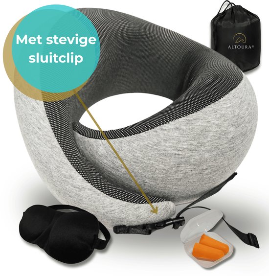 Altoura® Nekkussen - Memory Foam - Incl. Opbergzak, Slaapmasker & Oordoppen Slapen - Nekkussen Vliegtuig, Auto, Bus & Trein - Luxe Reiskussen - Traagschuim - Ergonomisch - Nekklachten - Neksteun - Reizen Cadeau - Neck Pillow - Reizen Gadget