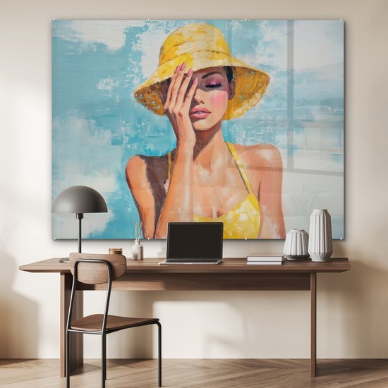 MuchoWow® Peinture sur verre 160x120 cm - Peinture sur verre acrylique - Peinture - Femme - Chapeau - Jaune - Photo sur verre - Décoration murale salon - Décoration murale chambre - Peintures