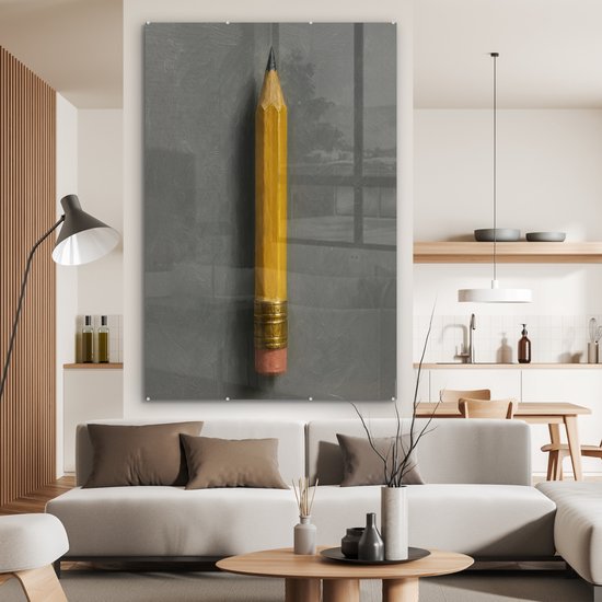 MuchoWow® Glasschilderij 120x180 cm - Schilderij acrylglas - Potlood - Schilderij - Geel - Foto op glas - Muurdecoratie woonkamer - Wanddecoratie slaapkamer - Schilderijen