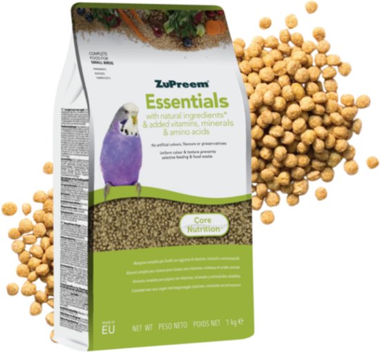 Zak ZuPreem Essentials voer met een parkiet erop. Granulaat in een zak van 1 kg.