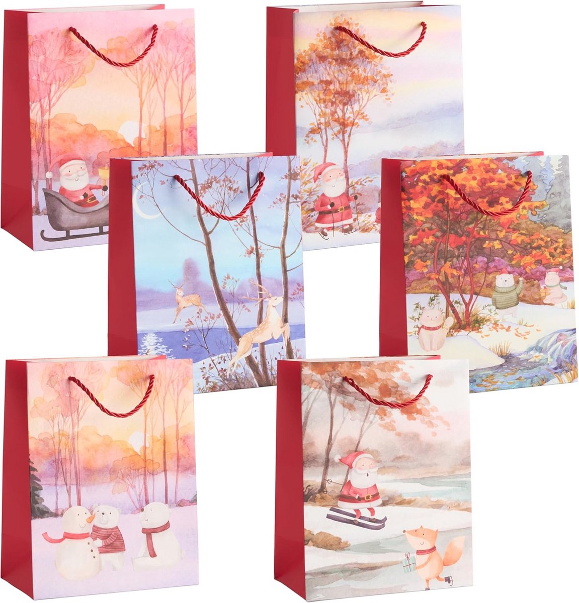 Kerstcadeauzakjes met Hengsels - 6 Stuks in Geassorteerde Ontwerpen - 24cm x 18cm