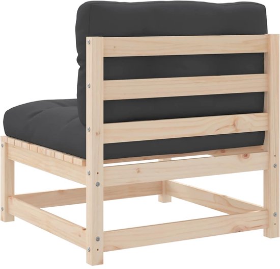 Achter-aanzicht van modulaire tuinbank met donkergrijs kussen en houten frame