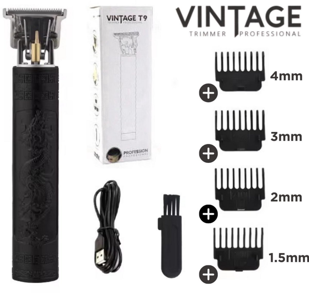 Vintage T9 Tondeuse - Draadloze T-Blade Tondeuse Mannen - USB - Inclusief oplader - Trimmer - Haarsnijmachine - Tondeuse - Baardhaar trimmer - Zwart - Hoofdhaar trimmer - Mannen - Fade - 4 Maten - Clips - Inclusief handleiding