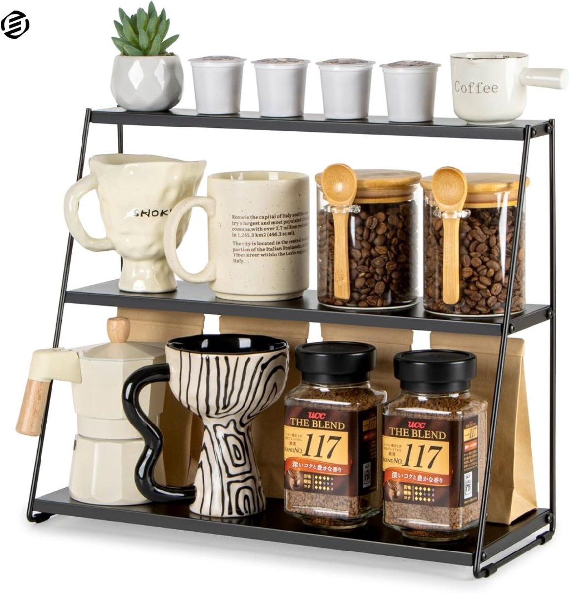 HQahnekme 2 stuks aan de muur gemonteerde mokhouder, mokhaken, koffiebekerhouder houder hanger zonder boren, mok rek haken met 4 bekerhouders, bekers opberghaken voor keuken, woonkamer, kantoor (zwart