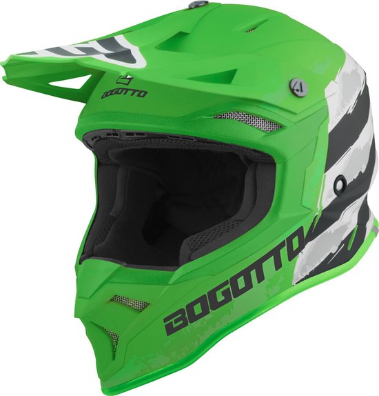 Casque cross Bogotto V337 Wild-Ride vert, noir et blanc avec logo "Wild-Ride" sur le côté.