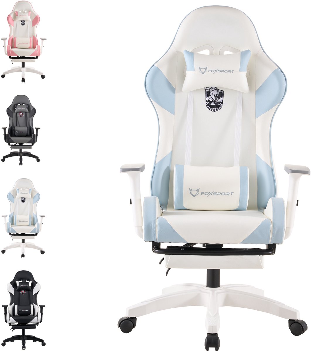 FOXSPORT Gamestoel - Gaming Chair - Ergonomisch - Verstelbaar - Met lendensteun en hoofdsteun - Met voetsteun - Bureaustoel - Racing -Wit / Blauw