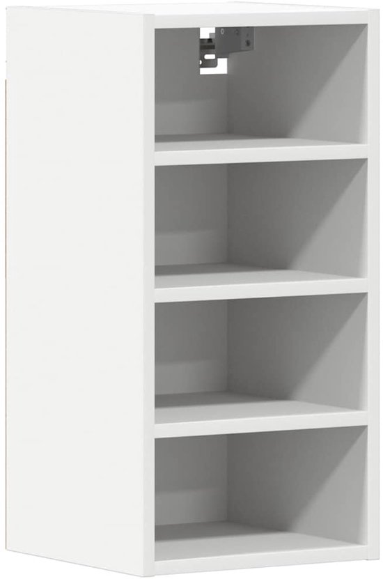 Armoire de cuisine blanche à 4 compartiments ouverts avec supports de fixation sur le dessus.