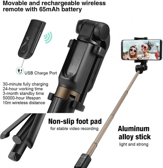 Ntech 3 in 1 Selfie Stick met Afstandsbediening en Foldable Tripod Stand  Samsung... | bol.com