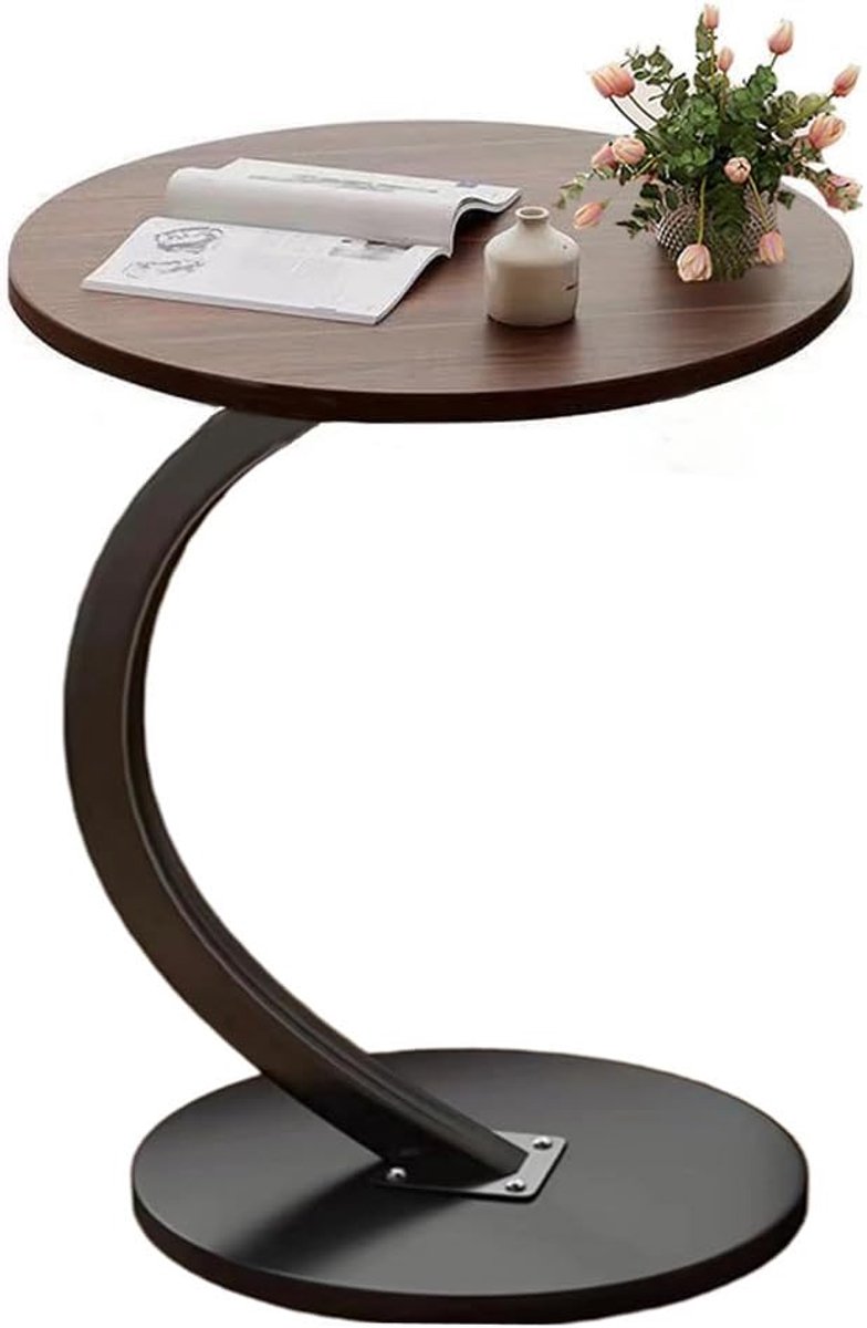 Ibenzoa Multifunctionele C-vormige Houten Bijzettafel voor Woonkamer en Bank met Rond Tafelblad Bruin