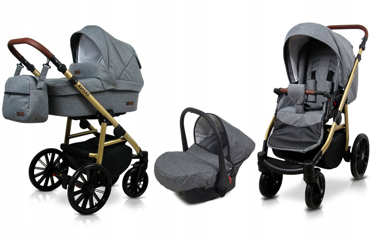 BabyLux® Kinderwagen 3in1 – ASPERO - GREY FLEX - Opklapbare Wandelwagen incl. Reiswieg, Multifunctionele Buggy Sportstoel, Autostoel - Combi-kinderwagen met Luiertas, Regenhoes, Klamboe, Bekerhouder, etc.