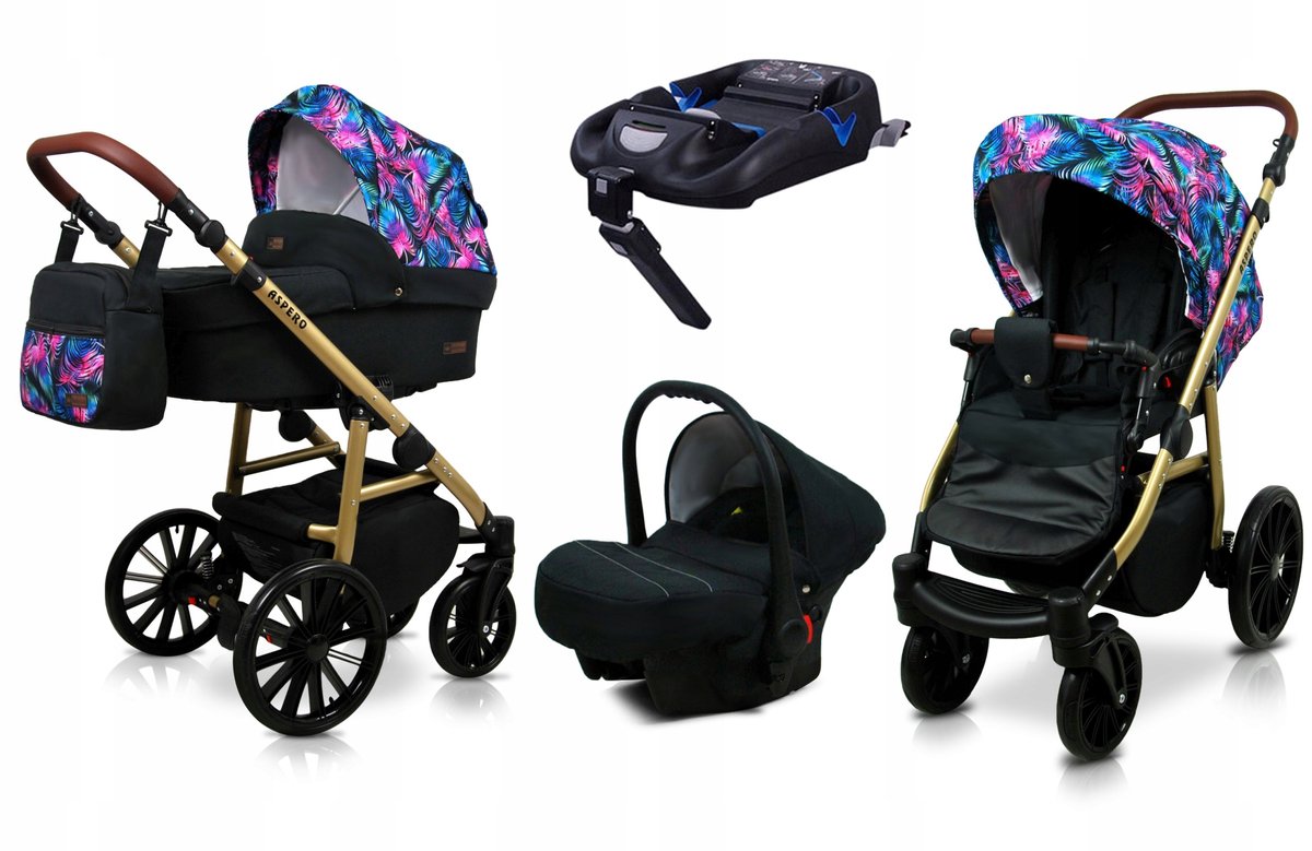 BabyLux® Kinderwagen 4in1 – ASPERO - COLORFUL FEATHERS - Opklapbare Wandelwagen incl. Reiswieg, Multifunctionele Buggy Sportstoel, Autostoel, ISOFIX basisstation - Combi-kinderwagen met Luiertas, Regenhoes, Klamboe