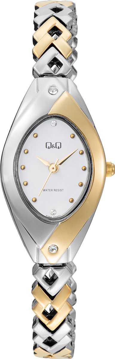QQ F09A-002PY - Horloge - Polshorloge - Analoog - Dames - Vrouwen - Metalen band - Ovaal - Metaal - Stippen - Zilverkleurig - Goudkleurig - Wit