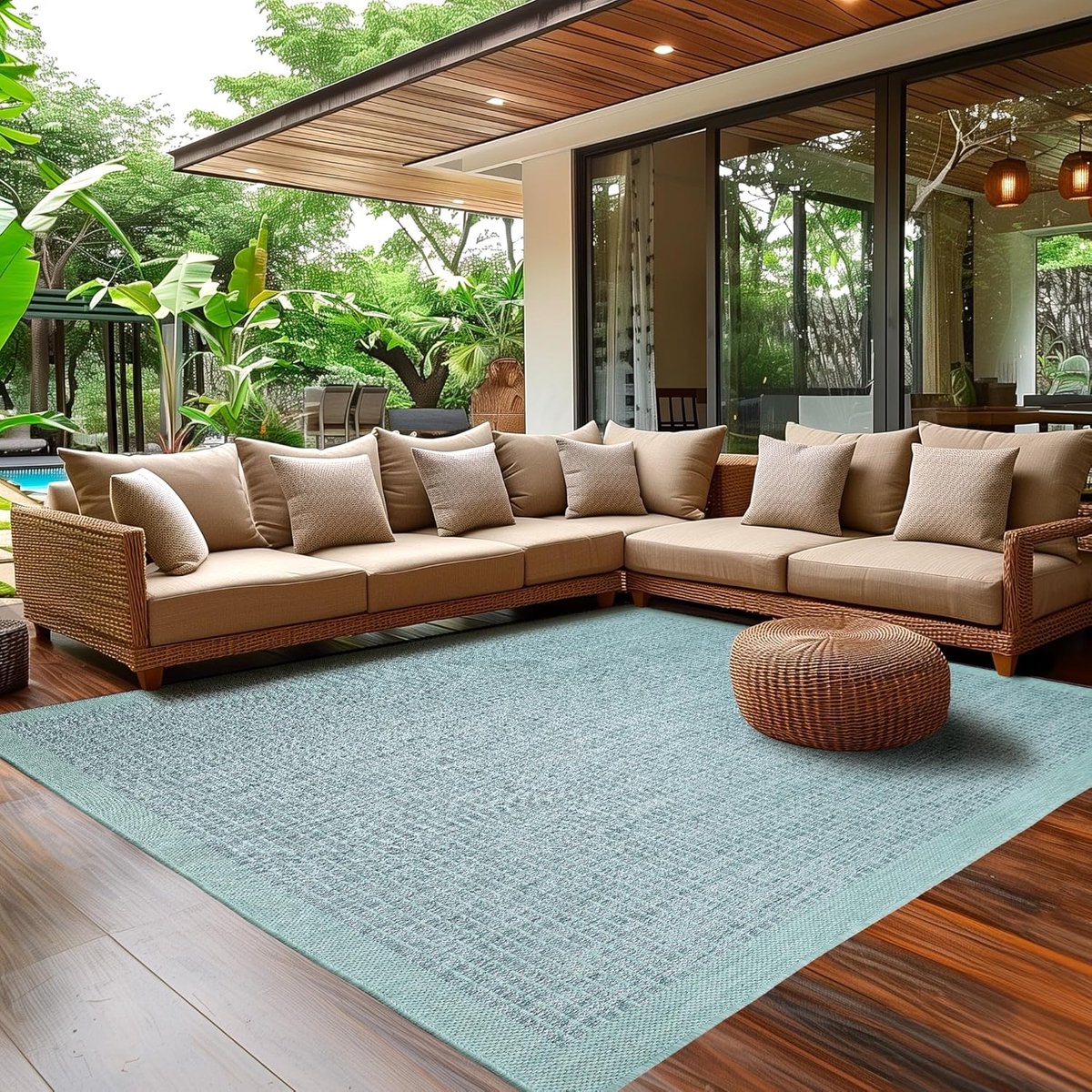 Buitentapijt voor Terras, Balkon en Tuin, Keukentapijt in Effen Ontwerp, Weerbestendig Platgeweven met Sisal Look, Wasbaar Tapijt in Diverse Maten en Kleuren 60 x 100 cm, Blauw
