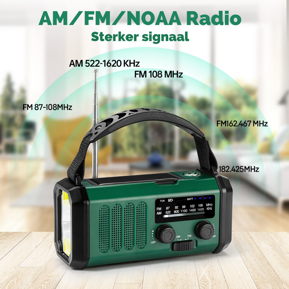 P-Repair - Noodradio - Opwindbare radio - Solar Opwindbaar - Powerbank Zonne-energie - 10.000mAh - Met zaklamp - USB oplader - USB-C oplader - Groen – foto 4