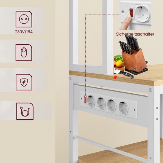 VASAGLE keukenplank, staande plank met stopcontacten, magnetronplank, koffiebar, bakkersplank, 8 S-haken, met mand, kruidenrek, greige gemêleerde inkt zwart KKS031K12