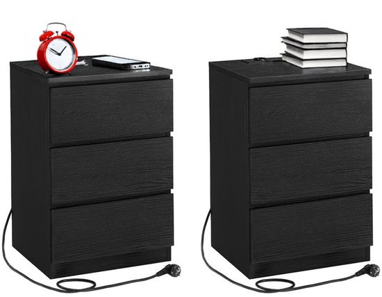 Homesy Nachtkastje set van 2 - Slaapkamer - Modern - Ebbenhout zwart - 3 lades - Met stopcontact