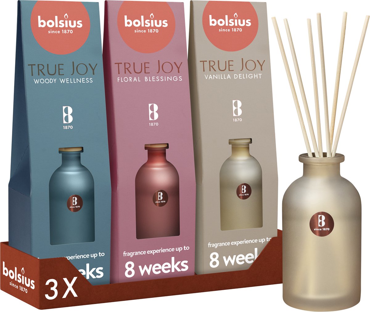 Bolsius - Geurstokjes True Joy - 3 Geuren - Vanilla Delight - Floral Blessings - Woody Wel