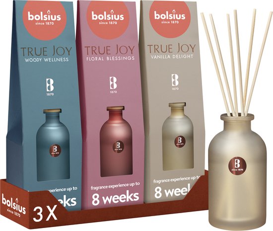 Bolsius - Geurstokjes True Joy - 3 Geuren - Vanilla Delight - Floral Blessings - Woody Wellness - 80 ml