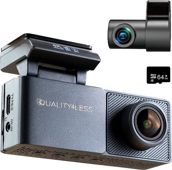 Quality4Less™ - Dashcam voor Auto - 4K Ultra HD - Voor en achter camera - Wifi & GPS - Nachtzicht - Besturing via app - 170 graden kijkhoek - G-sensor - loop recording - Incl. 64GB SD-kaart