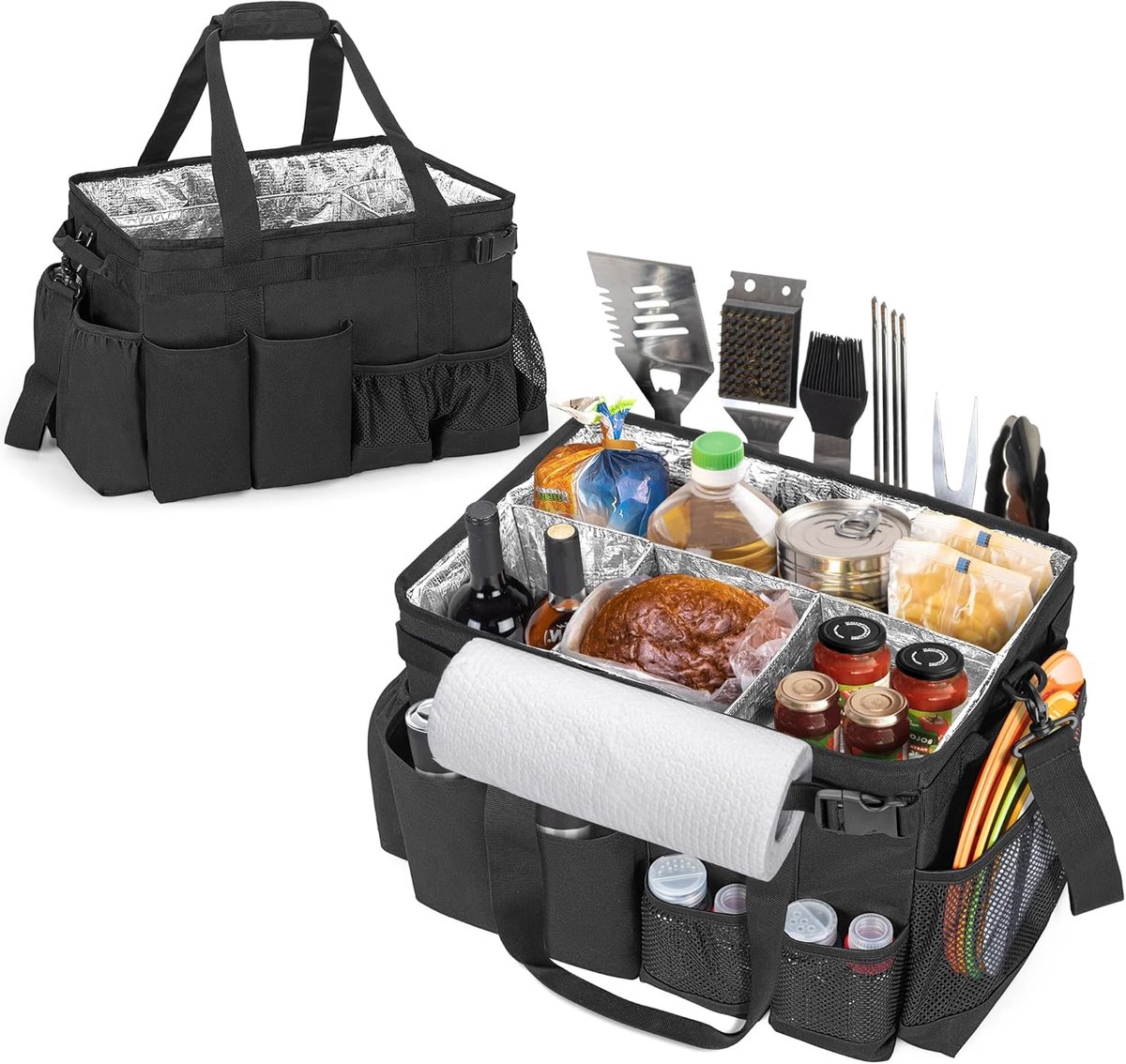 - Grillgereedschap Tas met Papieren Handdoekhouder voor Picknick of Camping - Zwarte Organizer Tas voor Buitenkeukenaccessoires