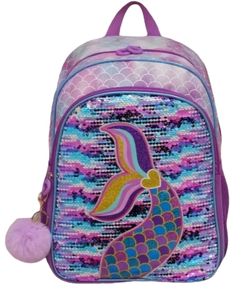 Twenty Two Schooltas met sleutelhanger voor meisjes | rugzak voor kinderen | basisschool | peuter | kleuter | lichtgewicht en verstelbare banden | grote capaciteit | dubbel ritssluiting | zeemeermin rugzak |31x17x41cm 18L| lila/paars/roze/blauw