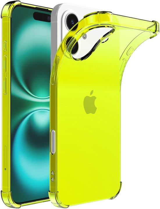 Gele transparante hoes wordt om een telefoon geschoven, het Apple logo is zichtbaar.