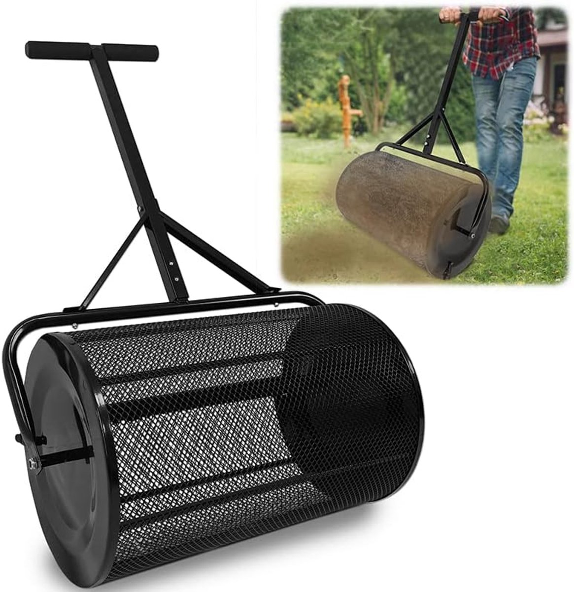 Aufun Compoststrooier van staal Turfmosstrooier, grondzeef, 80 L gaasmand Tuingazonstrooier met T-greep, voor compost, tuin, gazon, 40 x 65 x 110 cm, Zwart