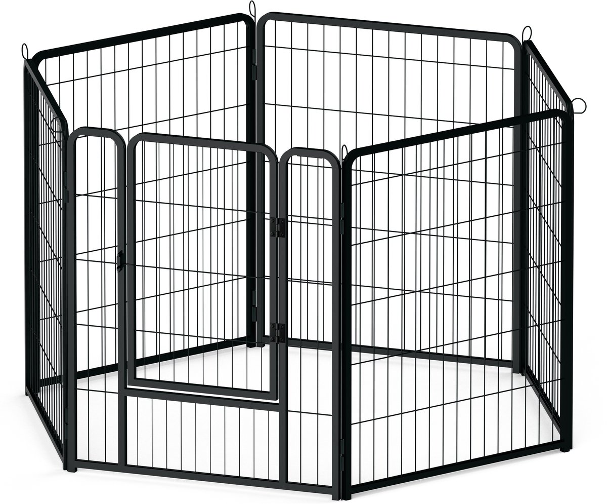 Aufun Puppyren - 6-delige buitenren voor dieren - 80 cm hoog - met vergrendeling - box met deur - voor honden, konijnen - zwart