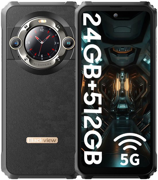 Blackview BL9000 - Robuuste Smartphone - 5G - 24(12+12)GB RAM - 512GB - 120Hz 6.78'' FHD - 8800mAh/120W - 50MP+50MP - IP68 Waterdicht - 1.32" Achterkant Dsiplay - NFC - GPS - Zwart