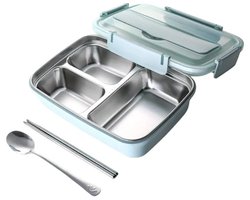 Dutchers® Lunchbox Roestvrij Staal - Incl. Bestekset – BPA-vrij – Met Deksel, Bestekvak & Telefoonhouder - Bento Box – Blauwe RVS Broodtrommel voor Kinderen & Volwassenen – - Mealprep - Duurzame Lunchdoos voor School & Werk - Blauw