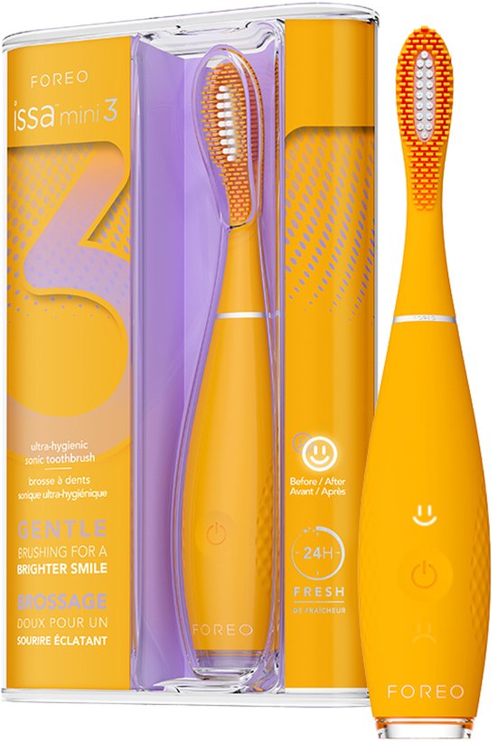 FOREO ISSA mini 3 Ultra-Hygiënische 4-in-1 Siliconen Sonische Elektrische Tandenborstel, Tong- & Wangreiniger, Tanden Bleken, Reisaccessoires, Waterdicht, 265 Dagen/USB-lading, 2 Jaar Garantie, Mango Tango