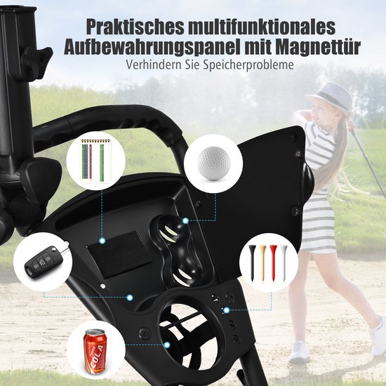 COSTWAY 3 Wielen Golf duwkar, Snel vouwen Golf Lopend Duwkar, Golftas Houder Met Tin Folie Gecoat Opbergtas, Elastische Riem, Verstelbare Paraplu & Beker Houder, Scorebord Opbergvak & Voetrem, Golftrolley voor Golfclubs — afbeelding 5