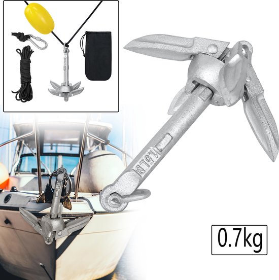 Bootanker vouwanker vouwanker verzinkt staal gietijzer anker 0,7 kg ankerset met karabijnhaak, ankerboei, 10 m ankerlijn & transporttas voor opblaasbare boot, SUP peddel, kano, kajak
