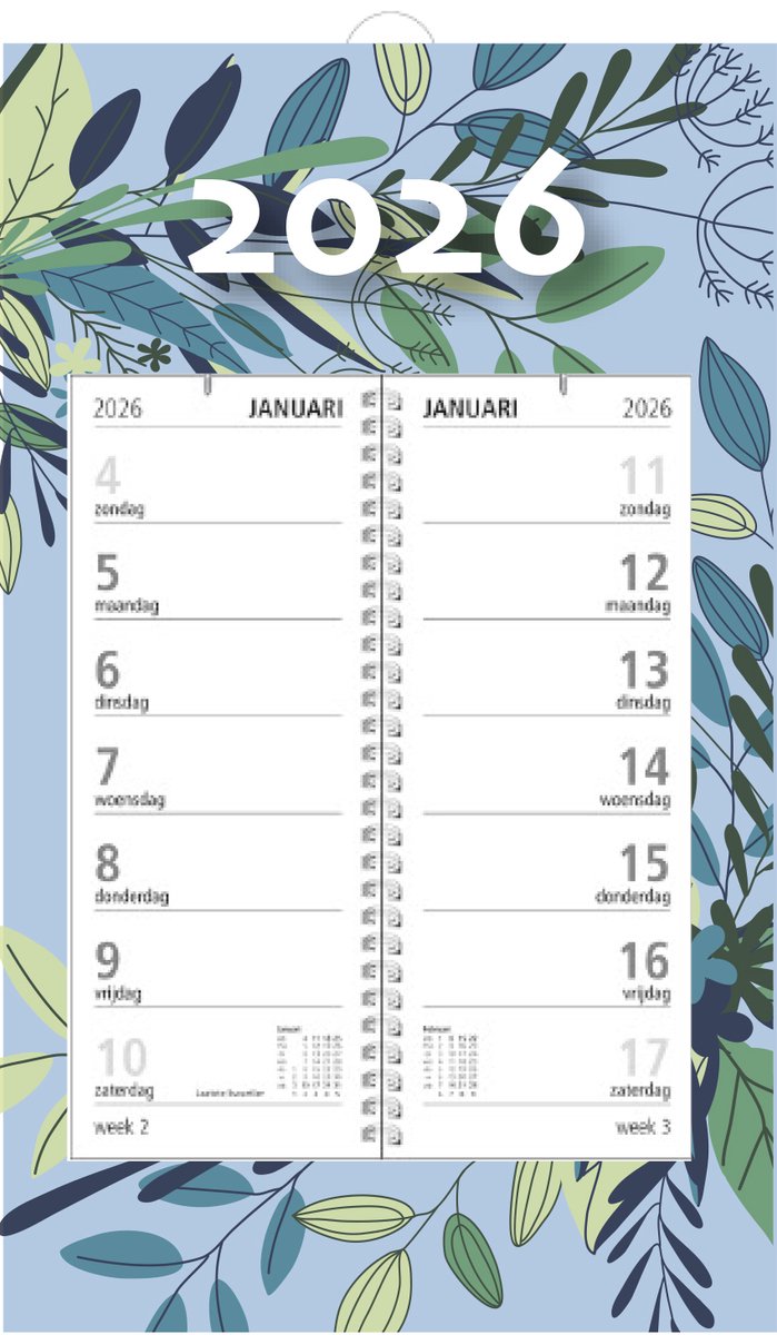 MGPcards - Omlegweekkalender 2026 - Week begint op zondag - 21 x 34 cm - Bladeren - Licht blauw