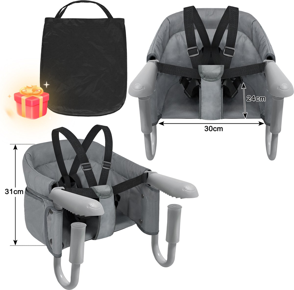 Opvouwbaar babyzitje, babystoel, hoge stoel, zitverhoging, boosterstoel, eetkamerstoel om op te hangen, met antislipklemmen voor dikke tafelbladen, voor thuis en onderweg, met draagtas, grijs thumbnail 3