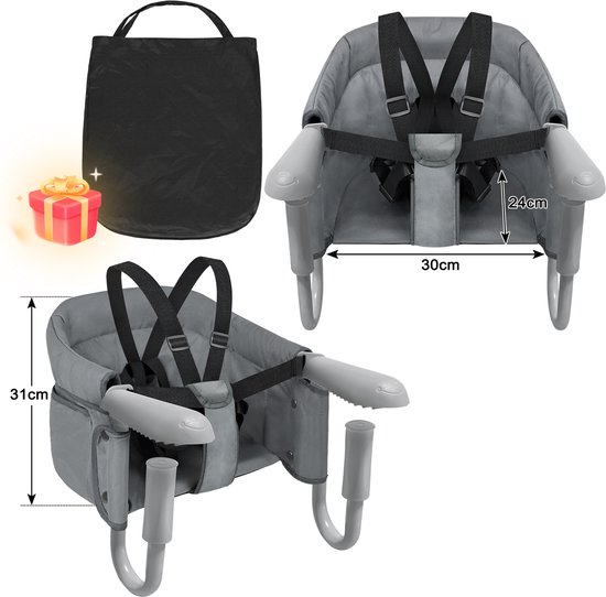 Opvouwbaar babyzitje, babystoel, hoge stoel, zitverhoging, boosterstoel, eetkamerstoel om op te hangen, met antislipklemmen voor dikke tafelbladen, voor thuis en onderweg, met draagtas, grijs van Baninni — afbeelding 2