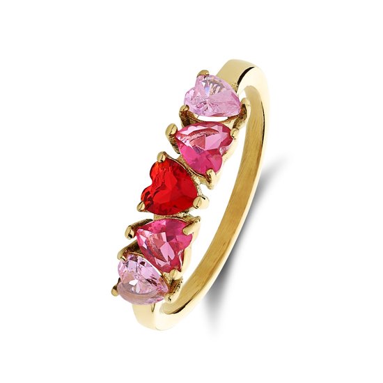 Bague femme Lucardi en acier plaqué or avec cœur en zircone rouge - Ring - Acier - Couleur or - 19/60 mm