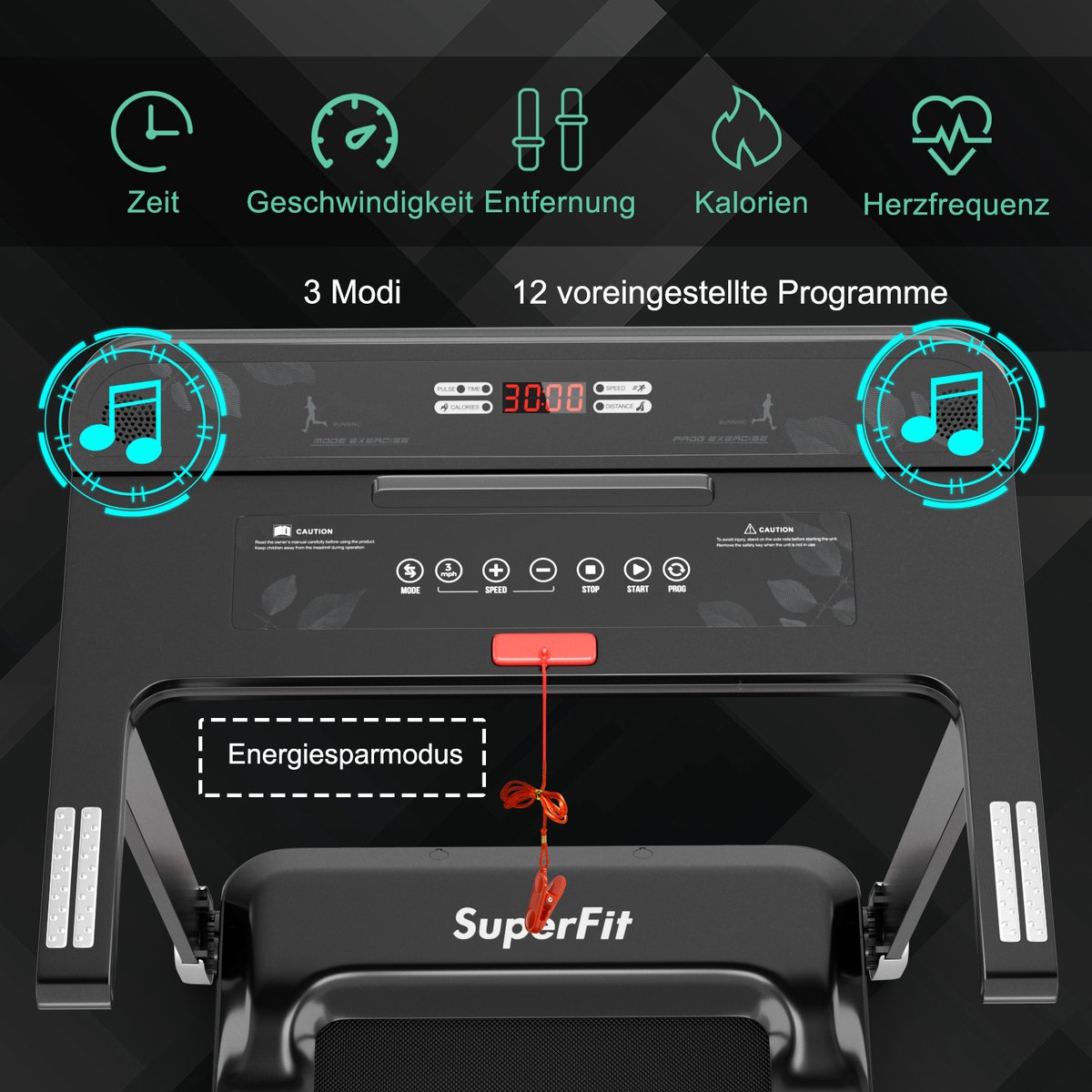 Afbeelding 2 van COSTWAY Opvouwbare Treadmil, elektrische loopband voor thuis, 0,75 pk elektromotor, 3 modi en 12 programma's, led-display, snelheid 0-12 km/u, app-gecontroleerd, bluetooth-luidspreker
