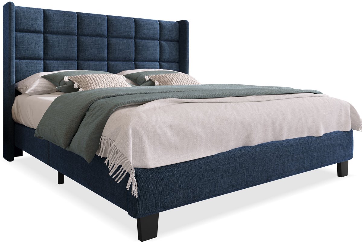 Merax Gestoffeerd Bed 140x200 cm - Bed met Lattenbodem en Rugleuning - Blauw Linnen - Geen Boxspring Vereist
