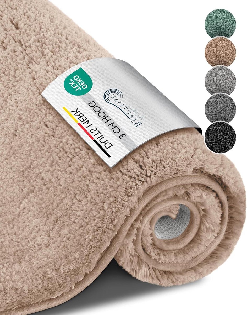 Badmat Antislip 120x70 cm - Hoogpolig Tapijt in Shaggy Look geschikt voor Vloerverwarming - Zachte Microvezel Badmat voor Douche Badkuip en WC - Beige