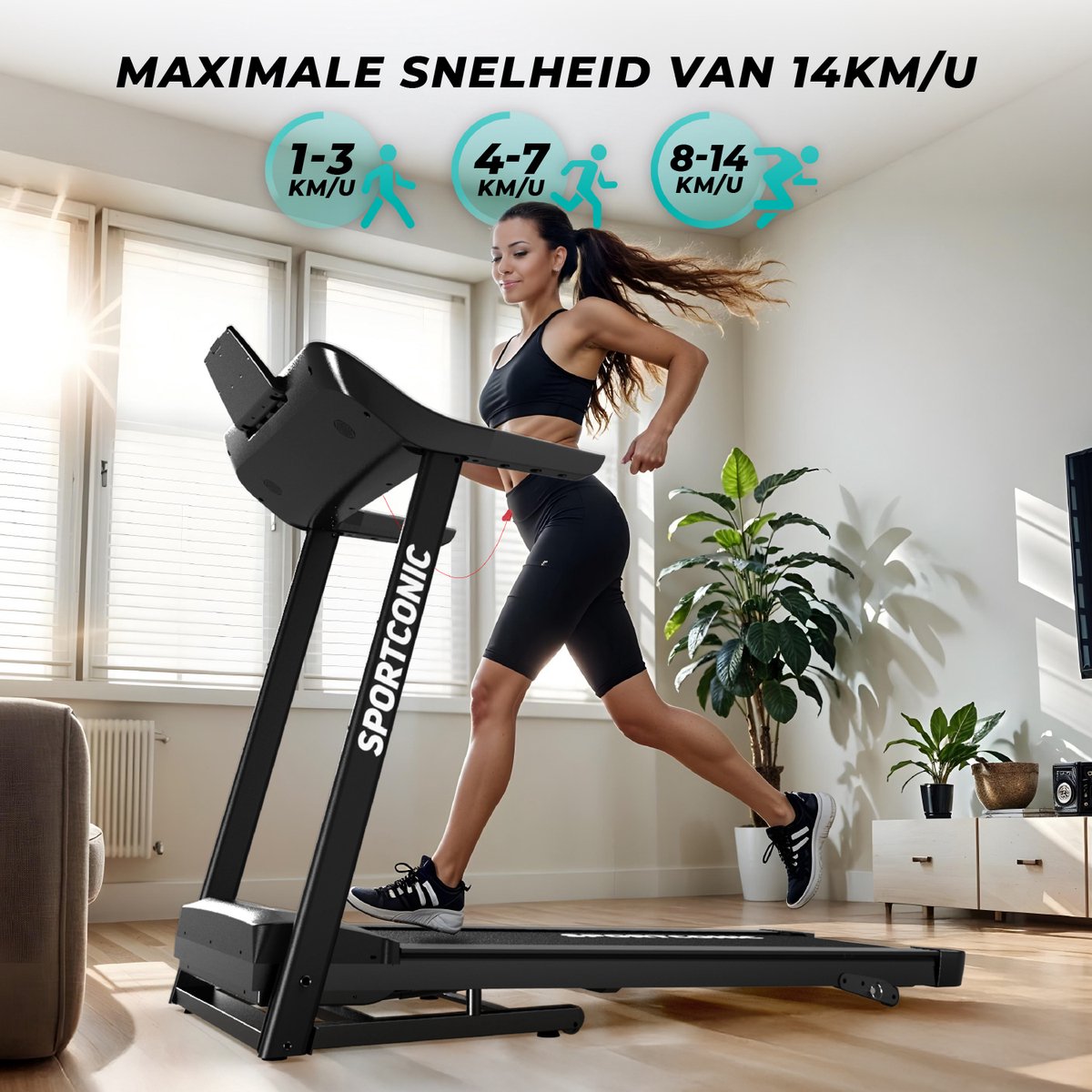 Afbeelding 2 van Sportconic Loopband 1-14 km/u – Loopband Inklapbaar – Professionele Loopband voor Thuis – 12 Programma's – Met Hellingfunctie – Incl. Tablethouder en LED-display - Ruim loopoppervlak - Stevig ontwerp