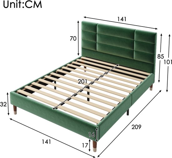 Lit capitonné Lit double 140x200cm - Tête de lit capitonnée, velours, vert foncé (sans matelas)