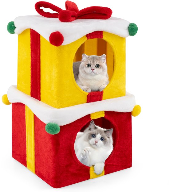 Foto: Costway kattenmand met 2 verdiepingen stapelbare geschenkdozen met strik en bal kattenhuis met pluche overtrek kattenbed katten kattenmeubel binnen rood geel