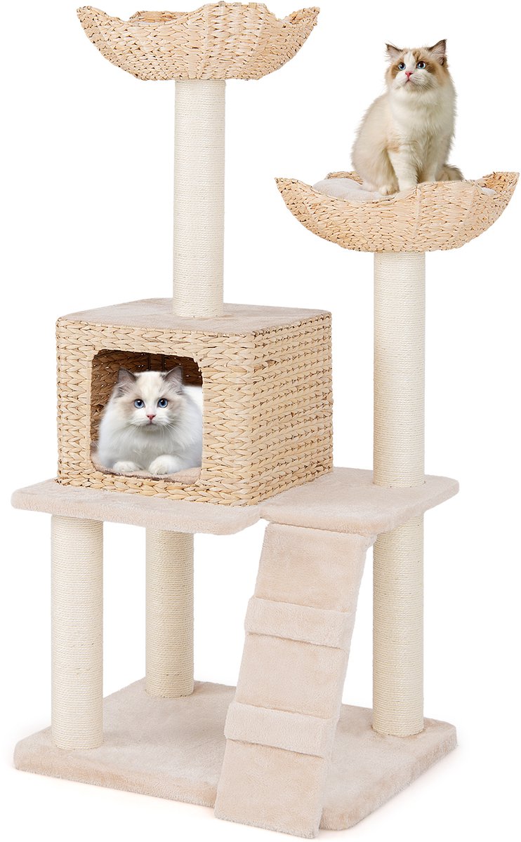 COSTWAY Krabpaal met kattenmand, 122 cm, kattenboom met 2 zitstokken en kussens en holte van buiskolven, ladder en sisalpalen, meertraps klimboom, kattenkrabpaal katten, klein, beige