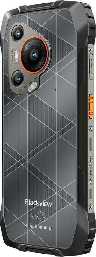 Achterkant van de zwarte Blackview BL7000 smartphone met cameralens en geometrisch patroon.