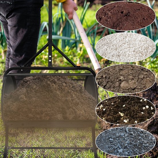 Aufun Compoststrooier van staal Turfmosstrooier, grondzeef, 80 L gaasmand Tuingazonstrooier met T-greep, voor compost, tuin, gazon, 40 x 65 x 110 cm, Zwart van Aufun — afbeelding 4